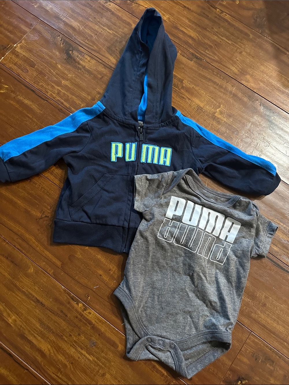 Puma Baby 0-3M Hoodie & Logo Bodysuit 2 Piece Outfit Set Blue Gray